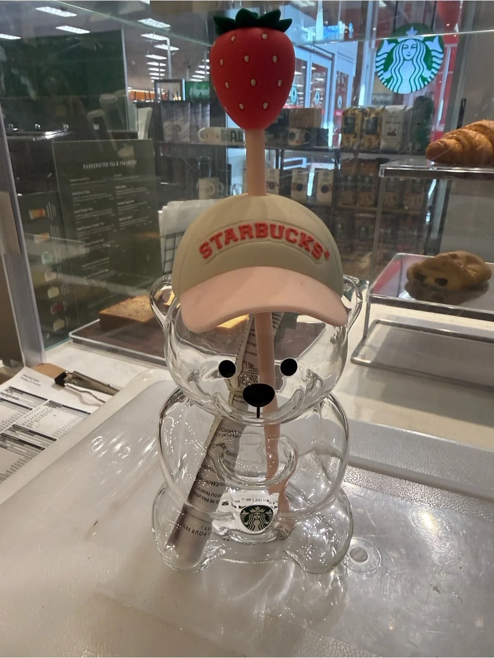 Starbucks Clear Bear Tumbler with Light Pink Hat and Straw